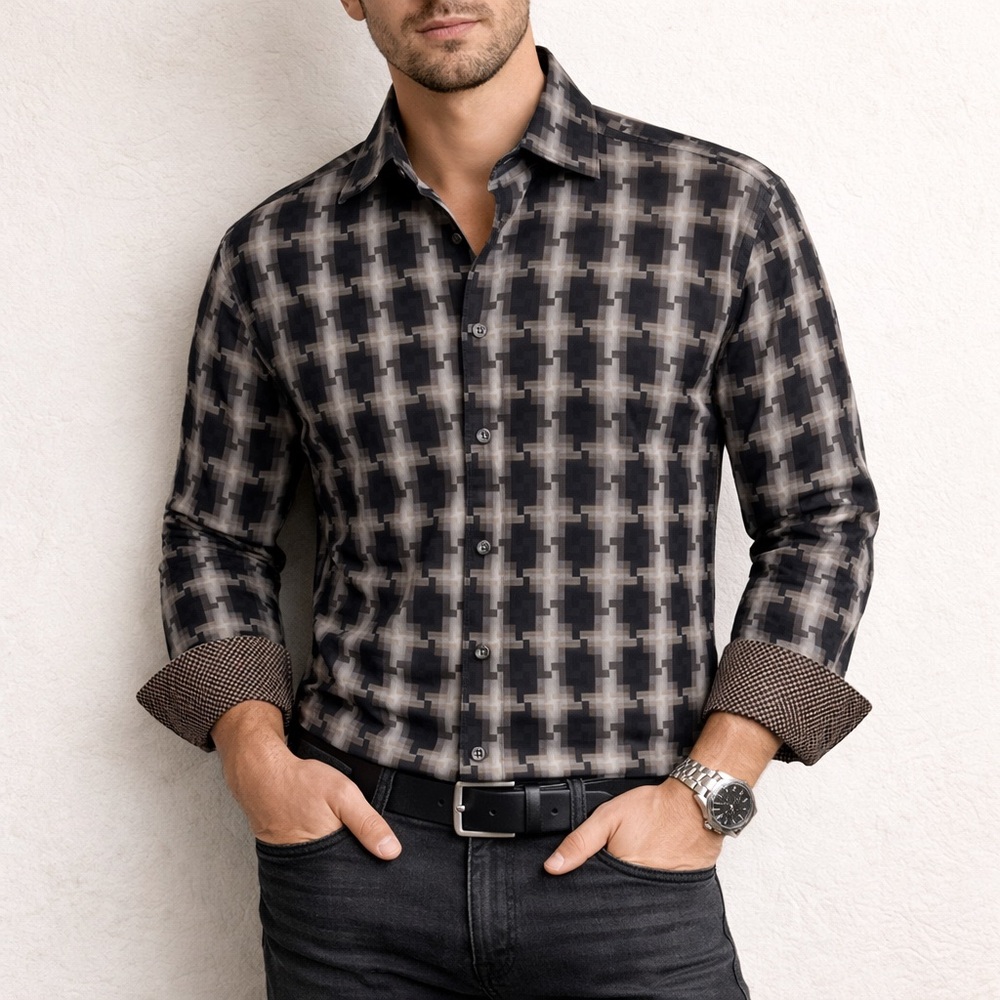 Bugatchi Uomo Shirt Large Classic Fit Geometric Cotton Button Down